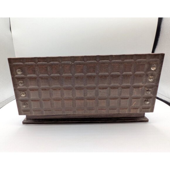 Apex VTG Wooden Rectangle Jewelry Box Gold Velvet Hinged Hammered Japan 12x5 - Picture 6 of 11